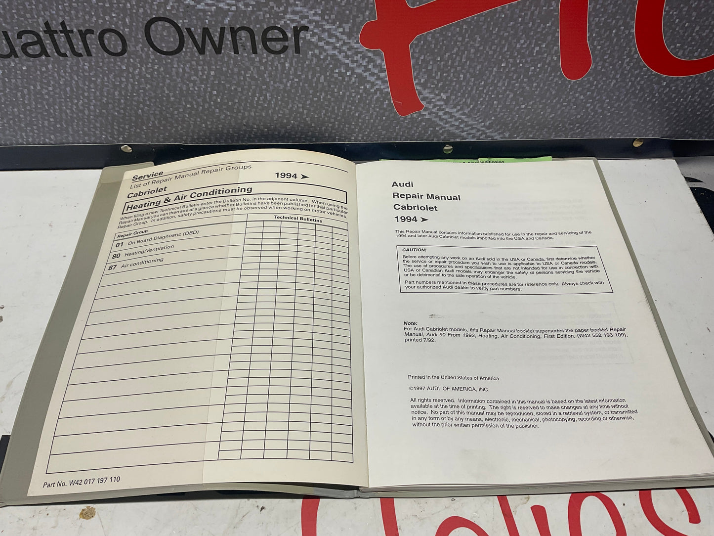1994-98 Cabriolet Factory Audi 8 Volume Set Repair Manuals W42017197101-110 B4