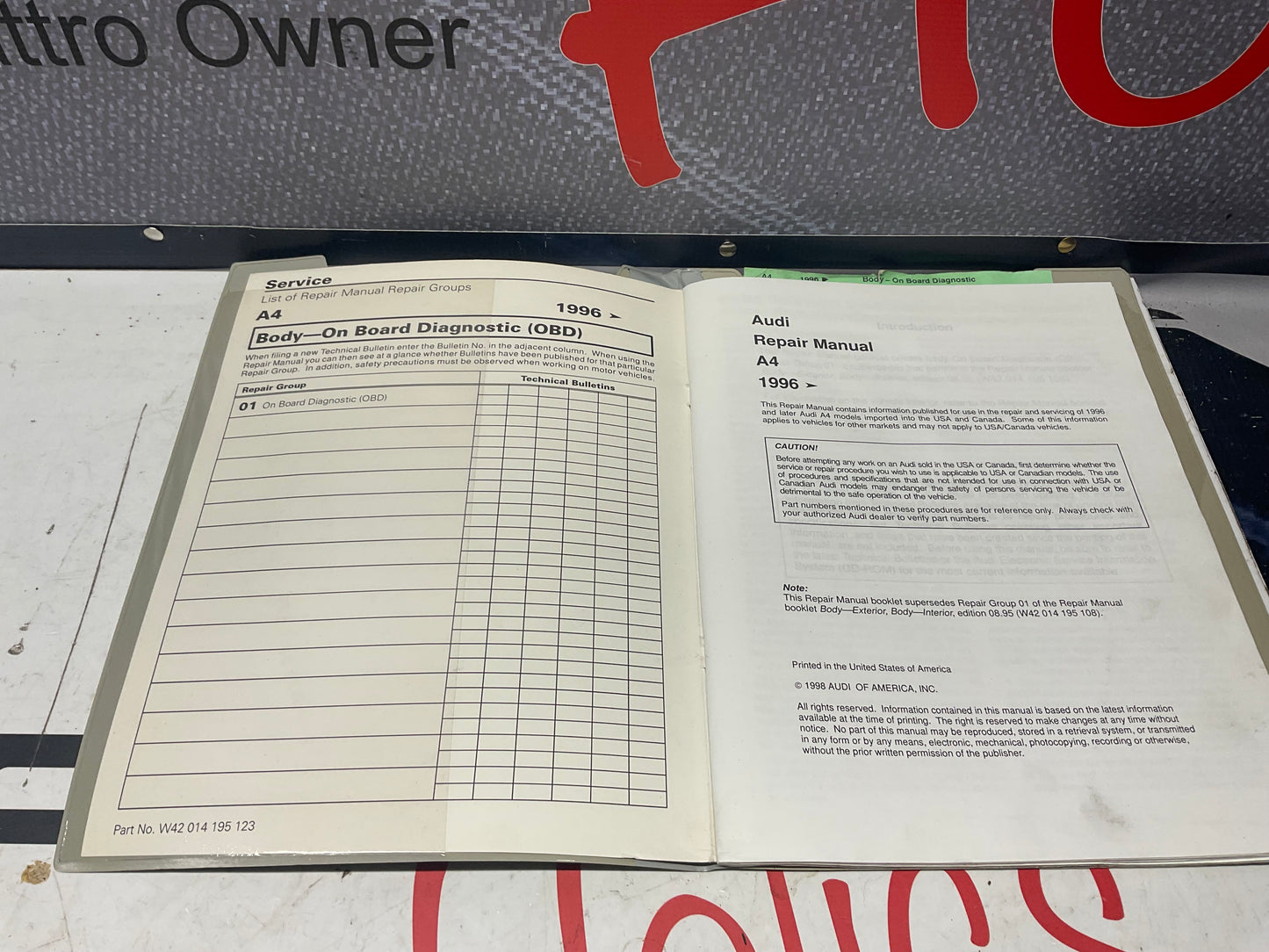 1996-01 A4 Audi 10 Volume Repair Manual Set W42014195107B-123 B5