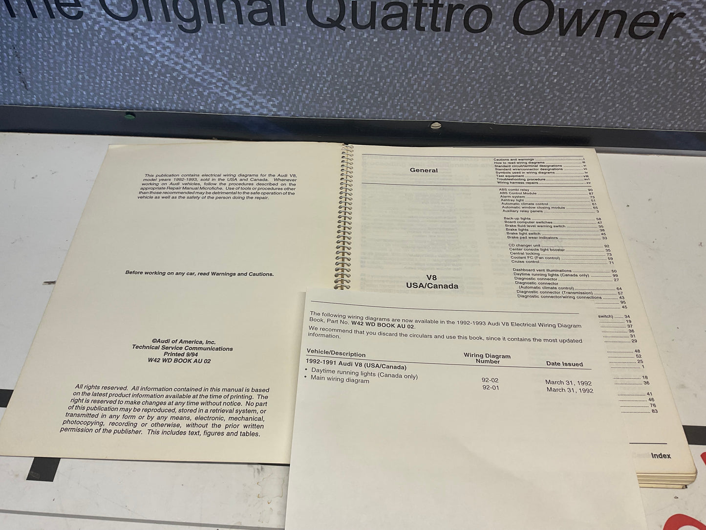 1992-93 V8 Quattro Electrical Wiring Factory Service Manual W42WDAU02