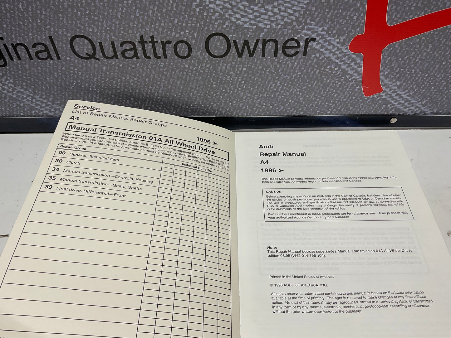 1996-99 A4 Manual Transmission 01A Quattro Repair Manual W42014195104A