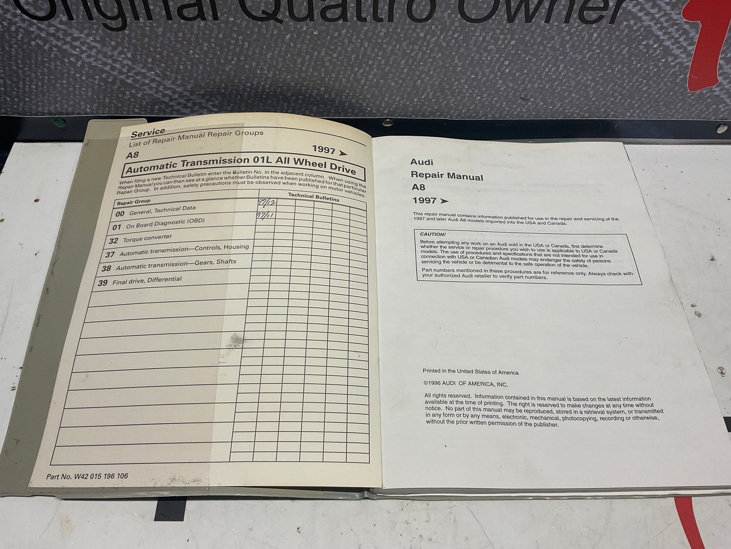 1996-01 A8 Automatic Transmission 01L Repair Manual W42015196106