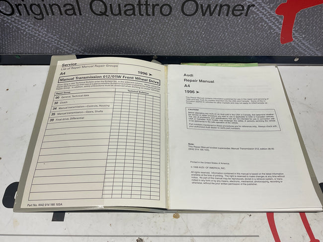 1996-01 A4 Manual Transmission 012/01W FWD Repair Manual W42014195103A  B5