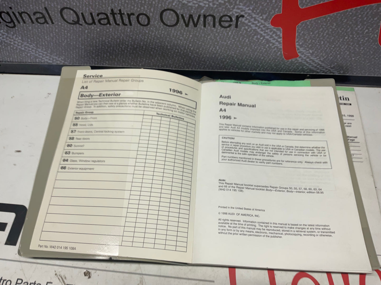 1996-01 A4 Audi 10 Volume Repair Manual Set W42014195107B-123  B5