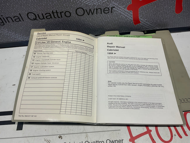1994-98 Cabriolet Factory Audi 8 Volume Set Repair Manuals W42017197101-110  B4