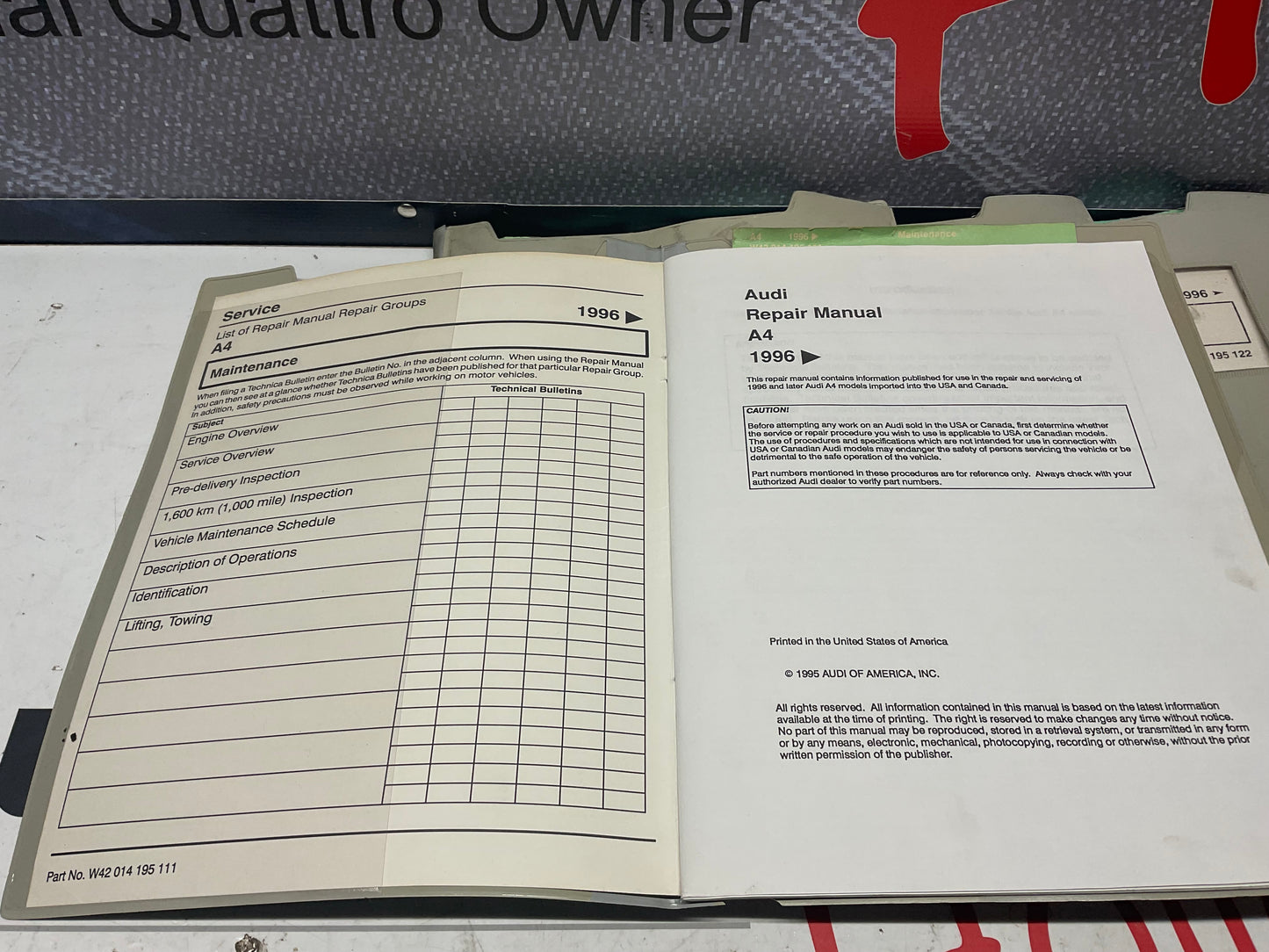 1996-01 A4 Audi 10 Volume Repair Manual Set W42014195107B-123  B5