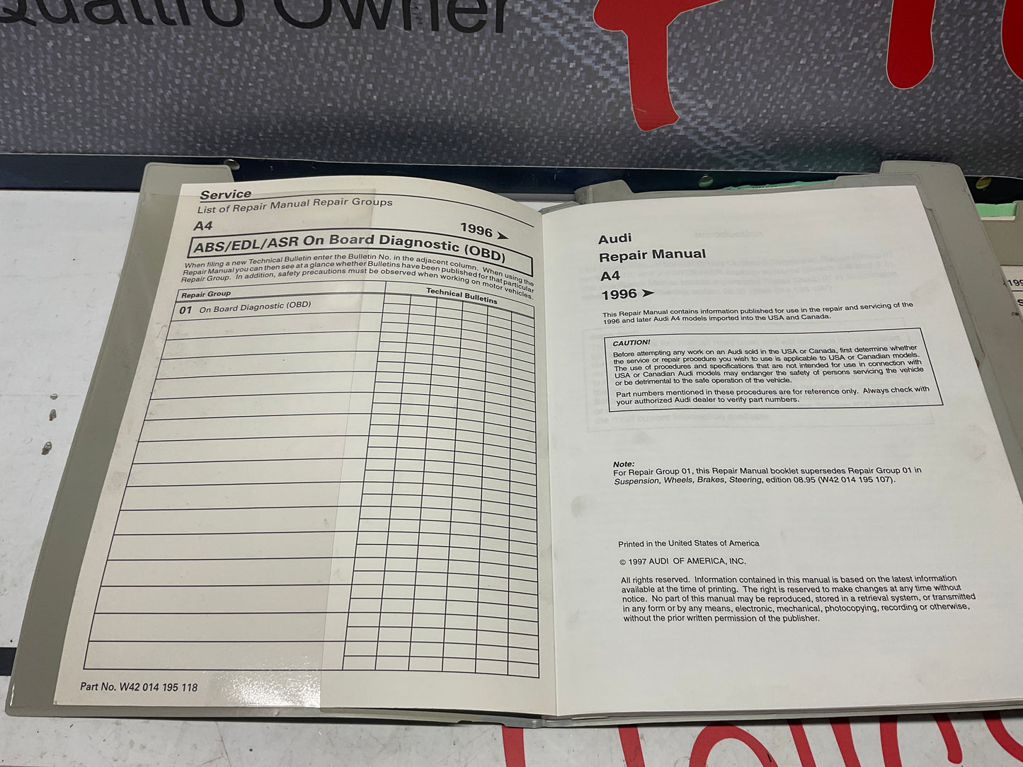 1996-01 A4 Audi 10 Volume Repair Manual Set W42014195107B-123  B5