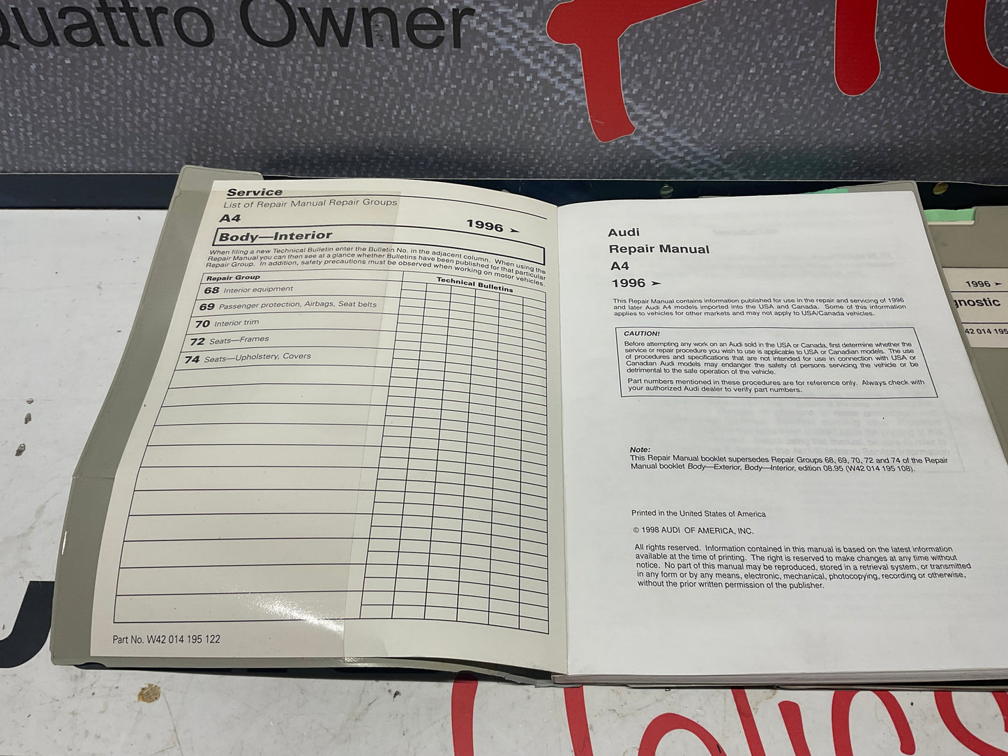 1996-01 A4 Audi 10 Volume Repair Manual Set W42014195107B-123  B5